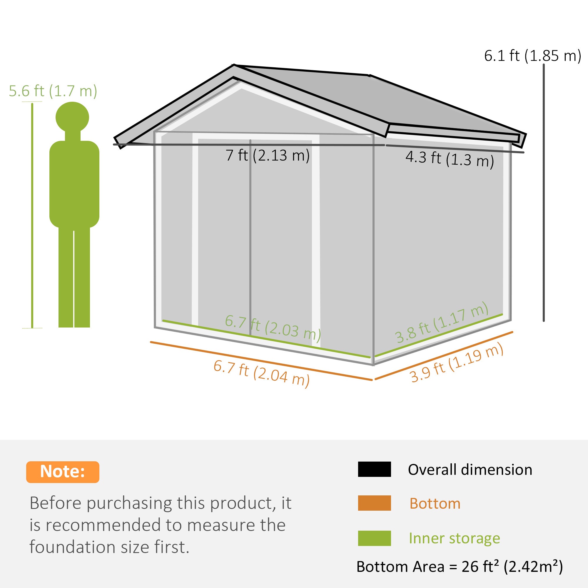 Outsunny 7 x 4ft Metal Garden Storage Shed with Vents, Floor Foundation Kit and Lockable Double Doors, Light Brown